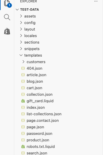Bestandsverkenner van de Shopify-thema-code-editor met een nieuw aangemaakt robots.txt.liquid-template onder Templates