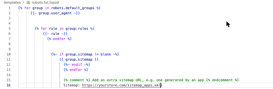 Shopify robots.txt.liquid-code-editor met de standaardregels-loop en een extra toegevoegde Sitemap:-regel